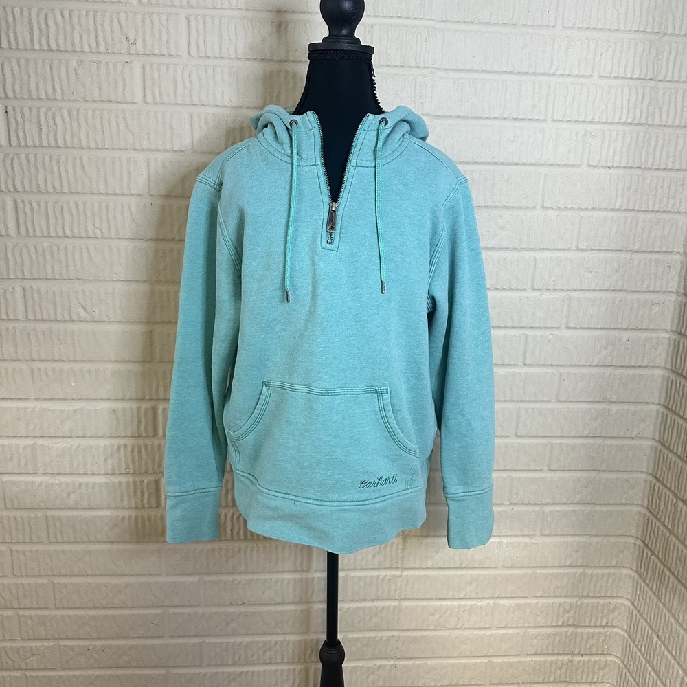 Carhartt Women's Teal Fleece 1/4 Zip Hoodie Logo Sz XL Long Sleeve Workwear Warm